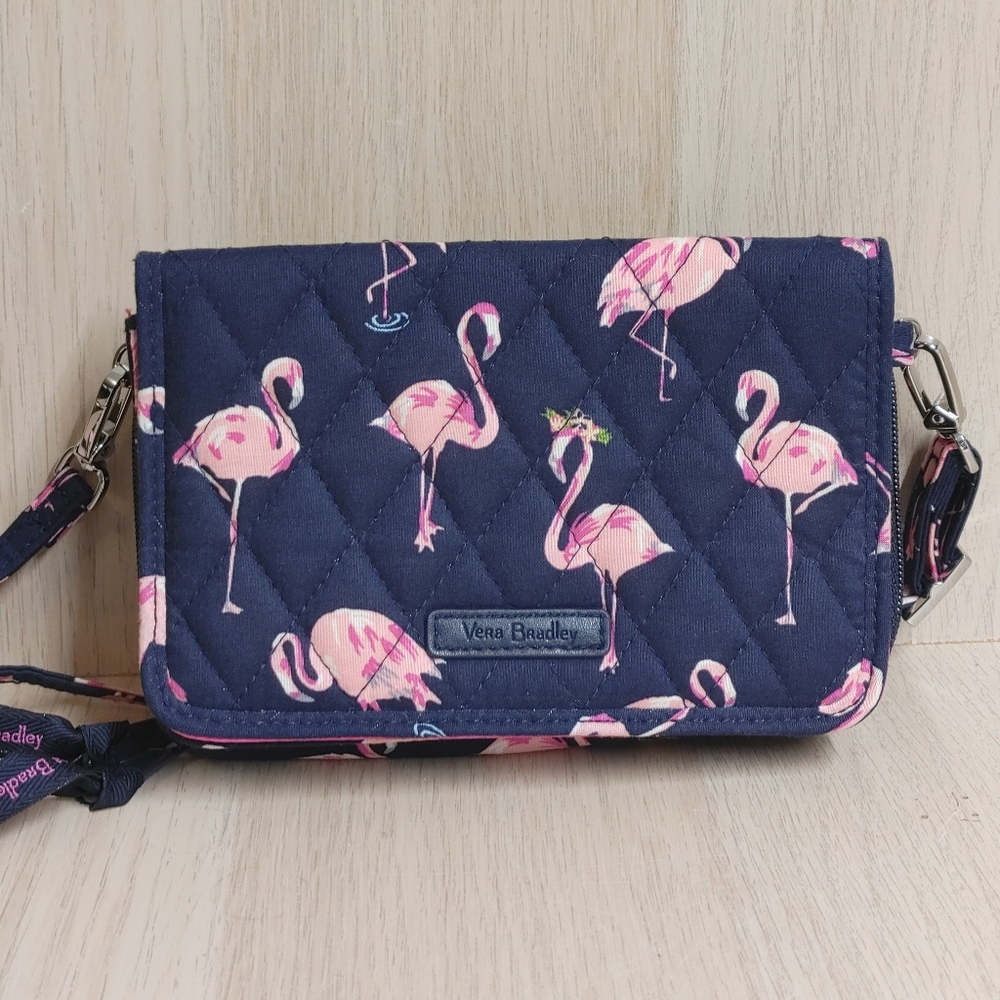 Vera Bradley Pink Flamingo 3-in-1 Crossbody Purse Navy Blue Quilted RFID